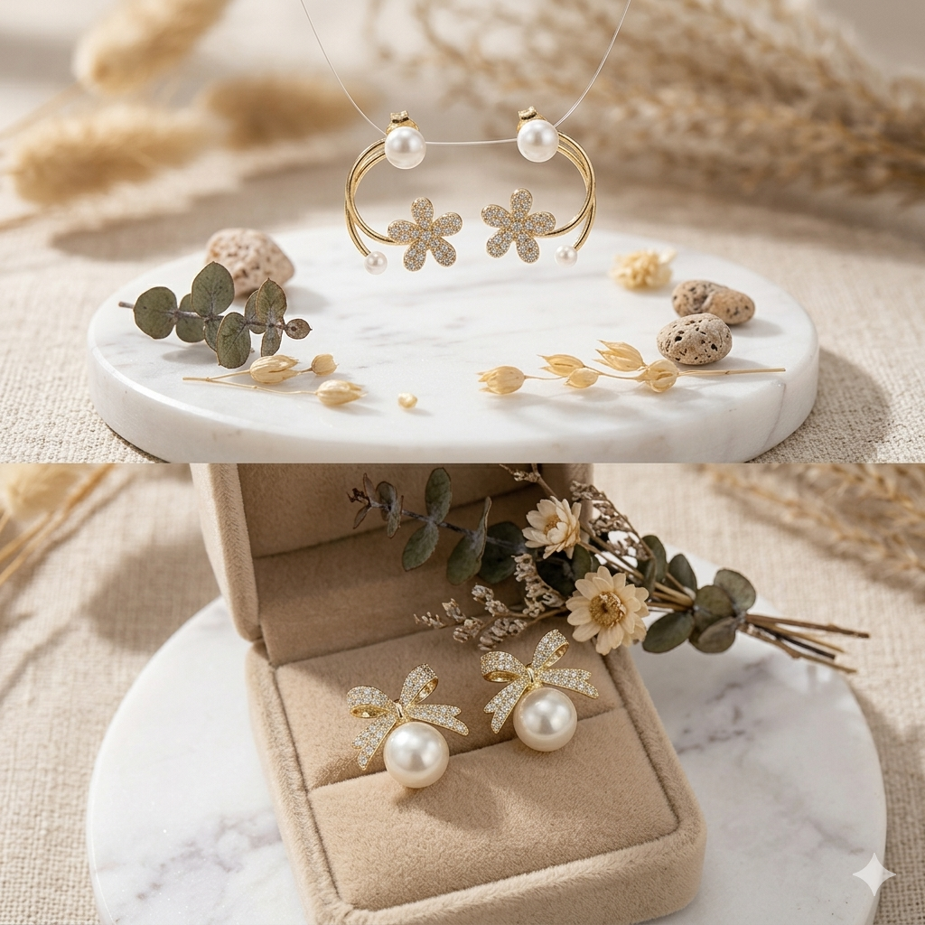 Elegant Gold-Plated Floral & Bow Pearl Stud Earrings with Cubic Zirconia Accents