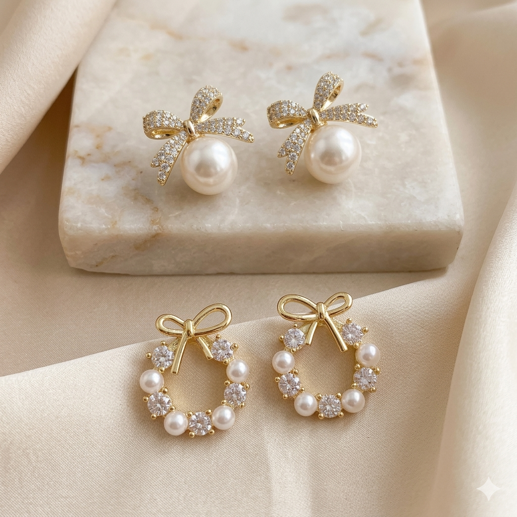 Elegant Gold-Plated Bow Pearl & CZ Stud Earrings Set