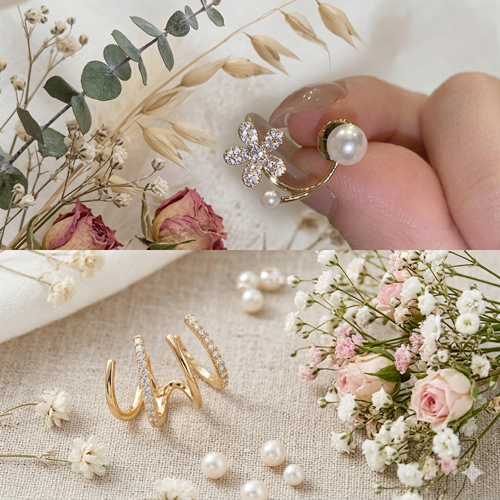 Luxury Gold-Plated Floral Pearl & CZ Adjustable Statement Ring – Elegant, Minimalist, Trending Design