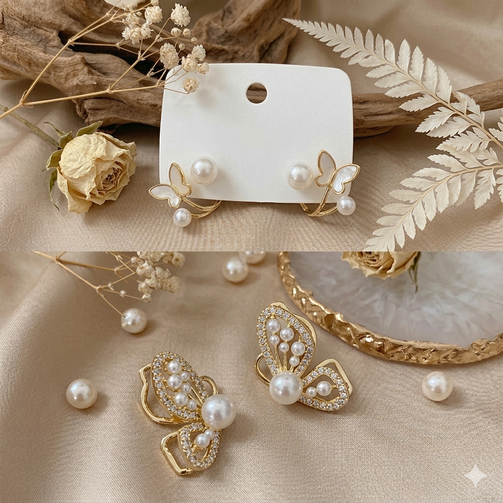 Viral Korean Style Gold-Plated Butterfly Pearl & CZ Stud Earrings – Luxury Aesthetic Trend