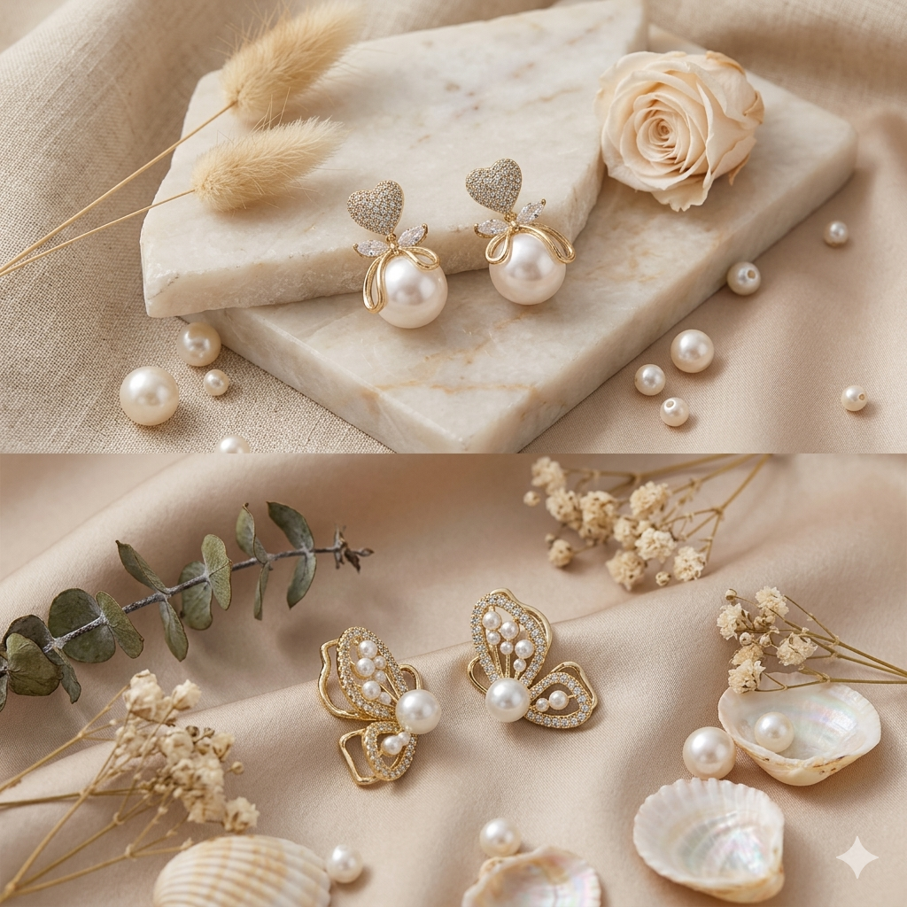 Viral Korean Aesthetic Heart Pearl & Butterfly Gold-Plated Earrings – Luxury Soft Glam Collection