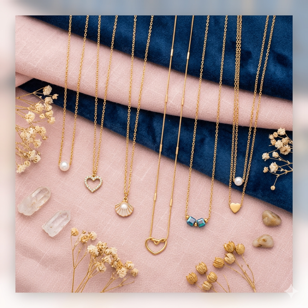Luxury Gold Minimal Pendant Necklace Collection – Pearl, Heart, Shell & Beaded Charms (Trending Korean Style)