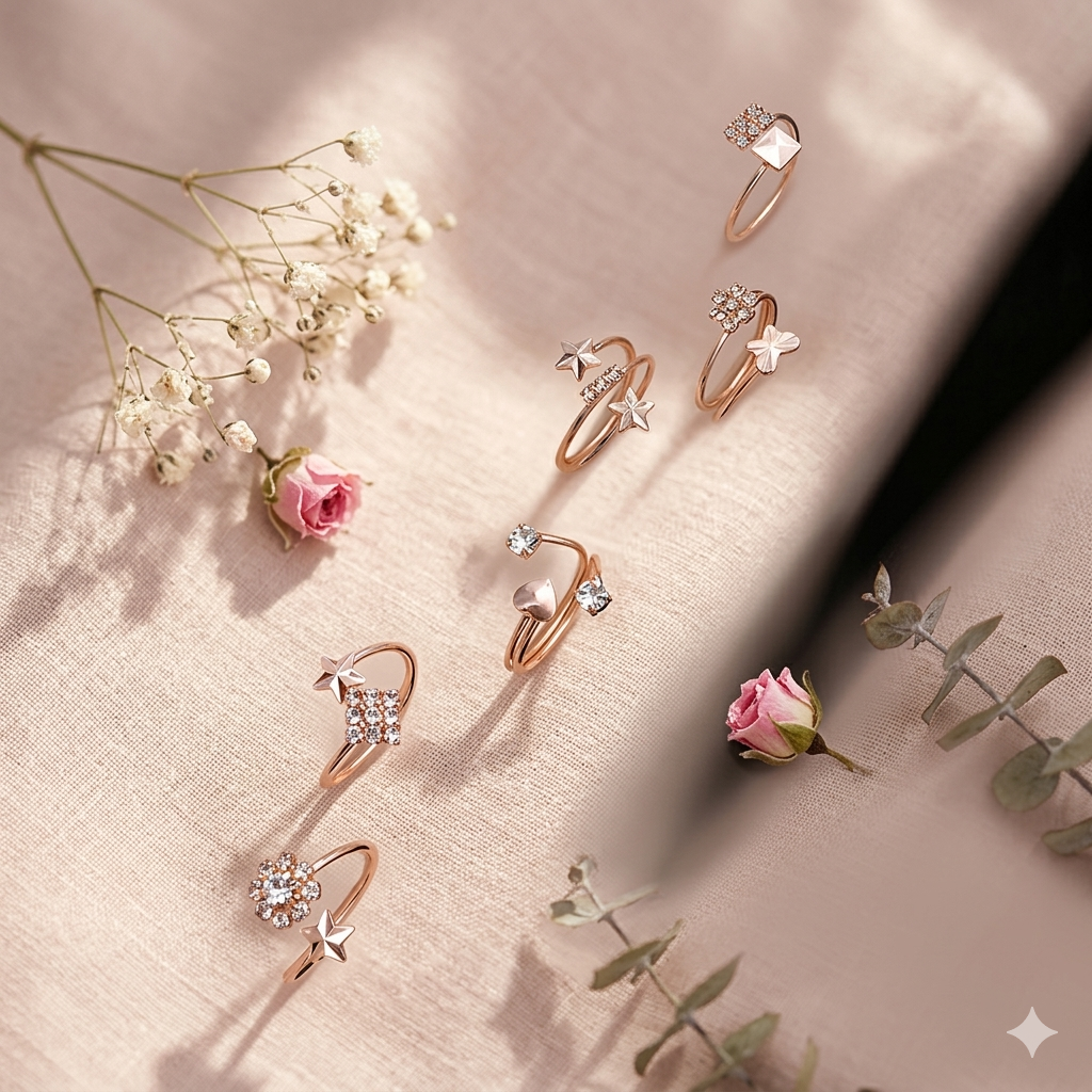 Rose Gold Celestial & Floral Open Ring Collection – Crystal Embellished Luxury Statement Bands
