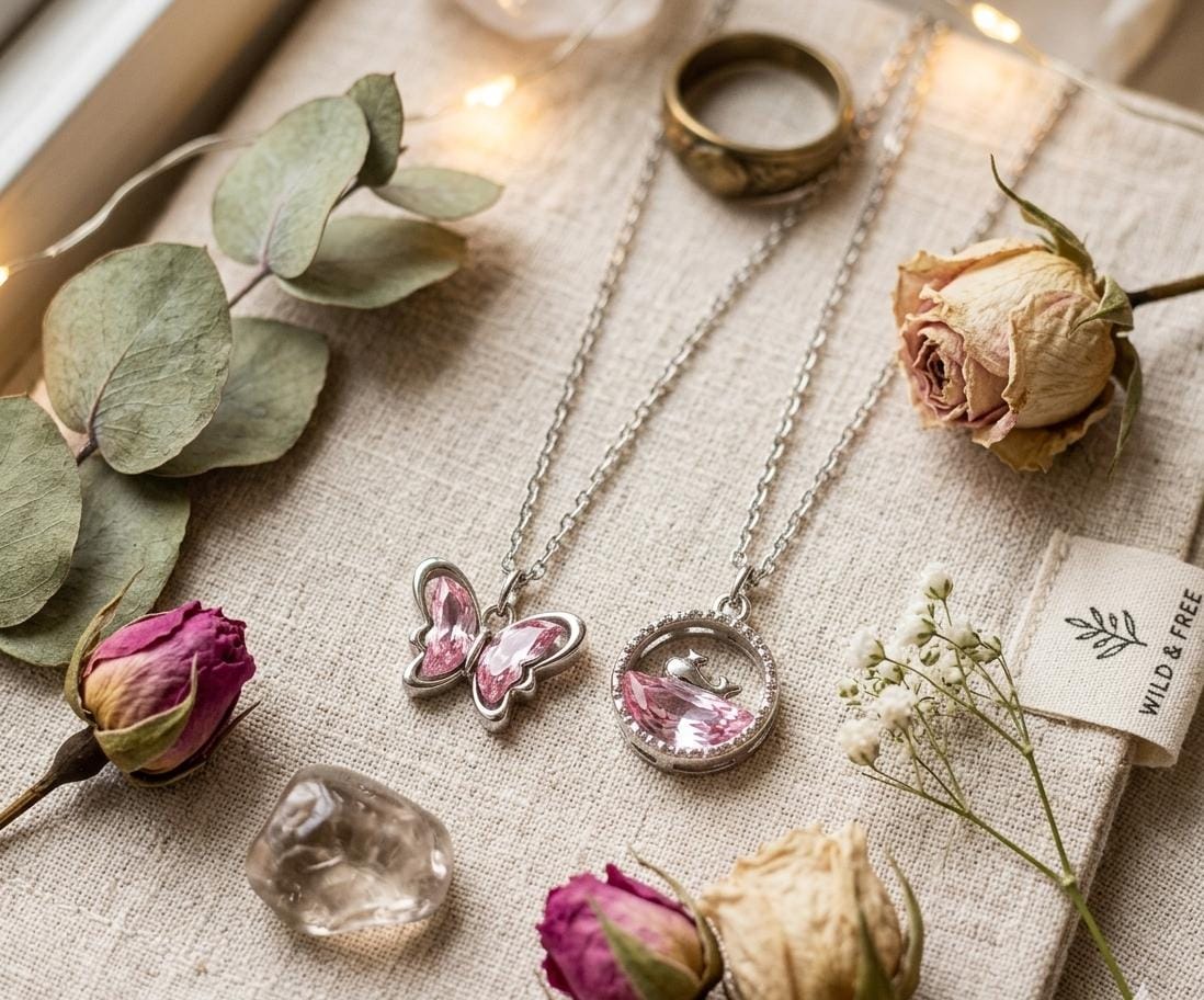 Silver-Tone Pink Crystal Butterfly & Swan Circle Pendant Necklace Set (2-Piece)