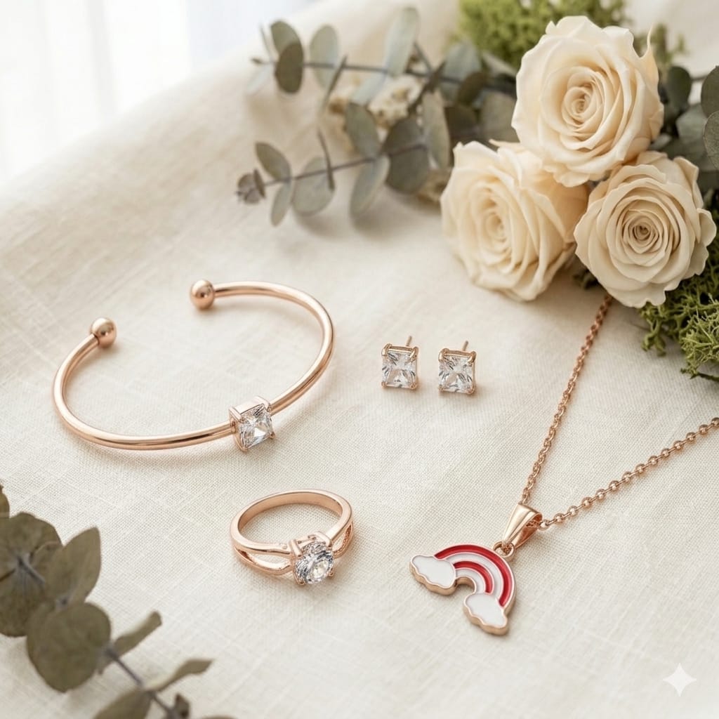 Rose Gold 4-Piece Jewellery Set — Bracelet, Ring, Stud Earrings & Rainbow Pendant Necklace