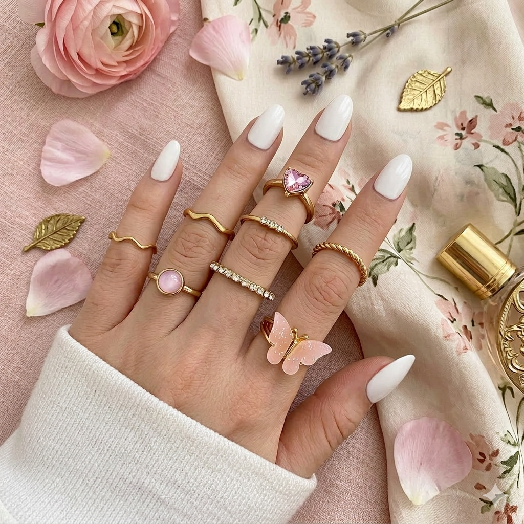 Romantic Blush & Gold Statement Ring Set – Butterfly, Crystal & Heart Motif Collection