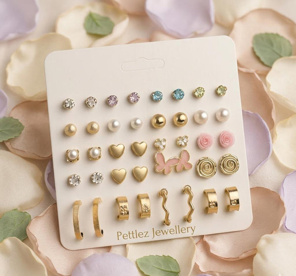 Pettlez Jewellery 20-Pair Gold-Tone Mixed Style Stud & Huggie Earring Set with Crystal, Pearl, Enamel & Floral Charms