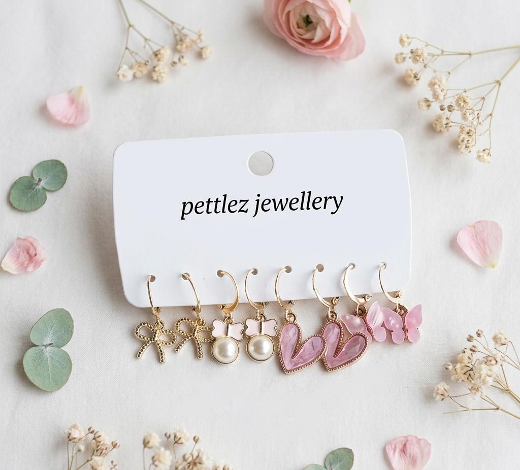 Pettlez Jewellery 4-Pair Gold-Tone Huggie Hoop Drop Earring Set with Bow, Pearl, Pink Heart & Butterfly Charms