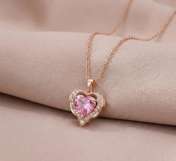 Rose Gold-Tone Pink Heart-Cut CZ Solitaire Halo Pendant Necklace with Cable Chain