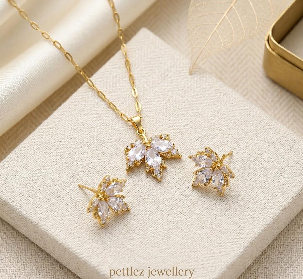 Pettlez Jewellery Gold-Tone Marquise-Cut CZ Crystal Floral Cluster Pendant Necklace & Stud Earrings Jewellery Set (3-Piece)