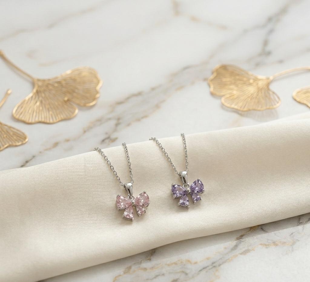 Silver-Tone Pear-Cut CZ Crystal Bow Ribbon Pendant Necklace — Available in Blush Pink & Lavender Purple