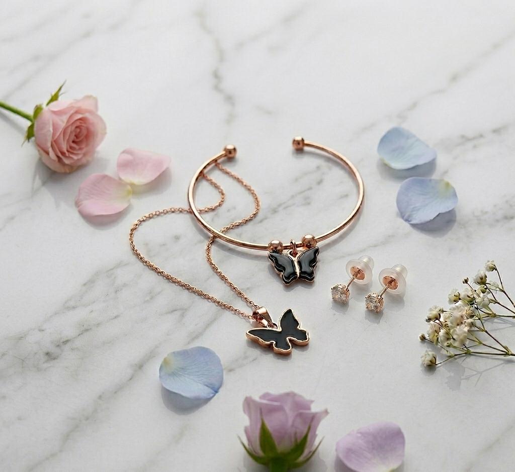 Rose Gold-Tone Black Enamel Butterfly Charm Pendant Necklace, Cuff Bangle Bracelet & CZ Stud Earrings Jewellery Set (3-Piece)