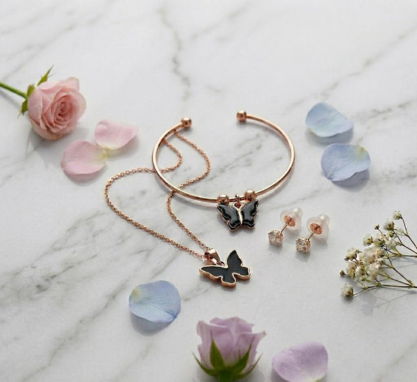 Rose Gold-Tone Black Enamel Butterfly Charm Pendant Necklace, Cuff Bangle Bracelet & CZ Stud Earrings Jewellery Set (3-Piece)