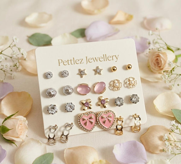 Pettlez Jewellery 15-Pair Mixed Metal Multi-Style Stud & Huggie Earring Set with Crystal, Pearl, Enamel, Floral & Chain Charms