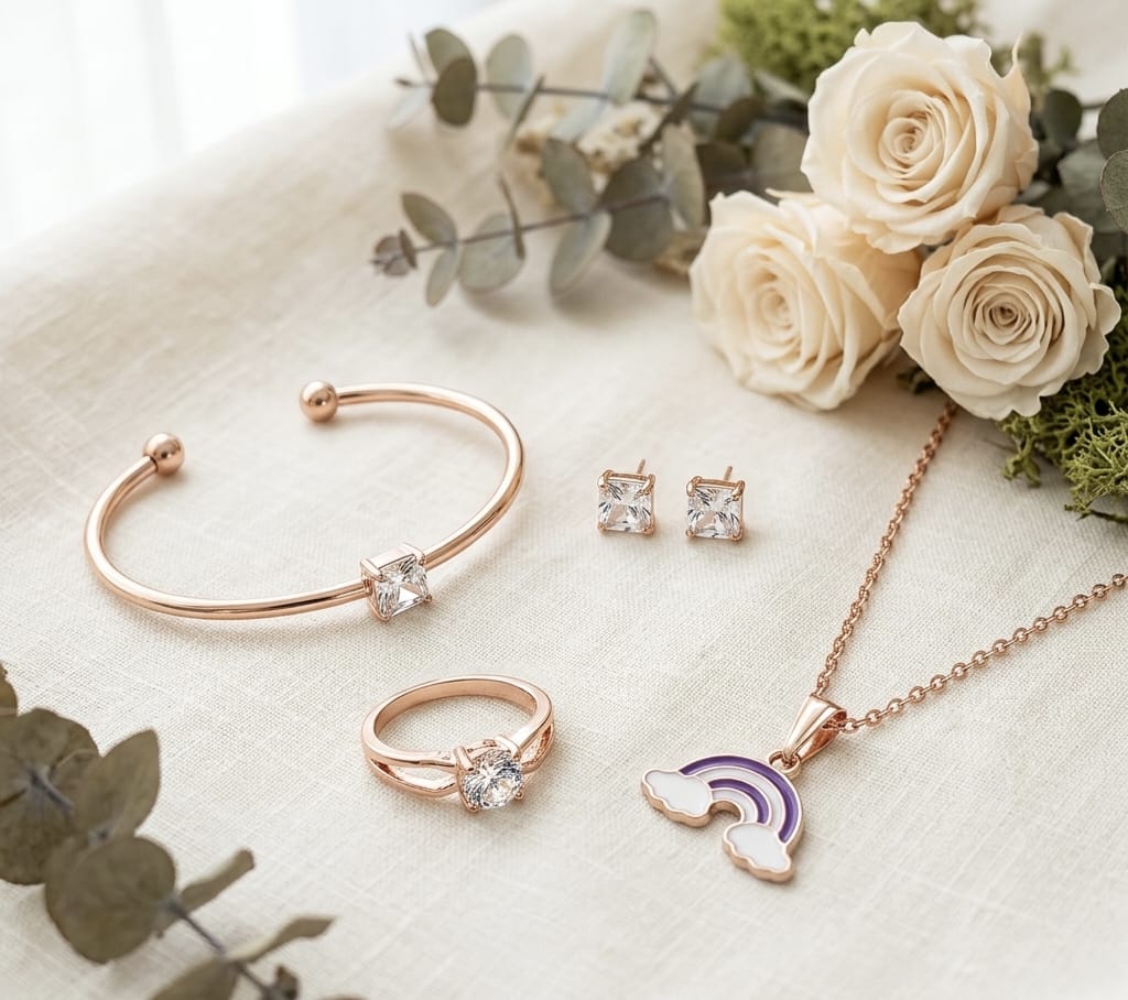Rose Gold 4-Piece Jewellery Set — Bracelet, Ring, Stud Earrings & Rainbow Pendant Necklace