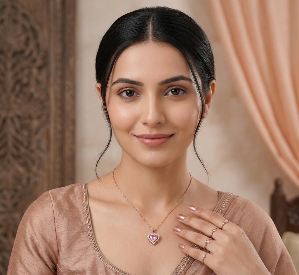 Rose Gold-Tone Pink Heart-Cut CZ Solitaire Halo Pendant Necklace with Cable Chain