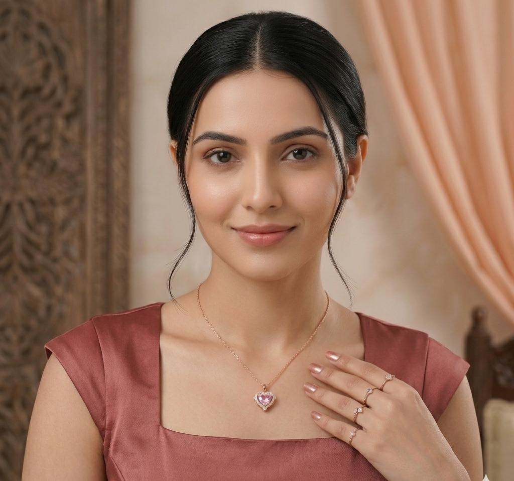 Rose Gold-Tone Pink Heart-Cut CZ Solitaire Halo Pendant Necklace with Cable Chain