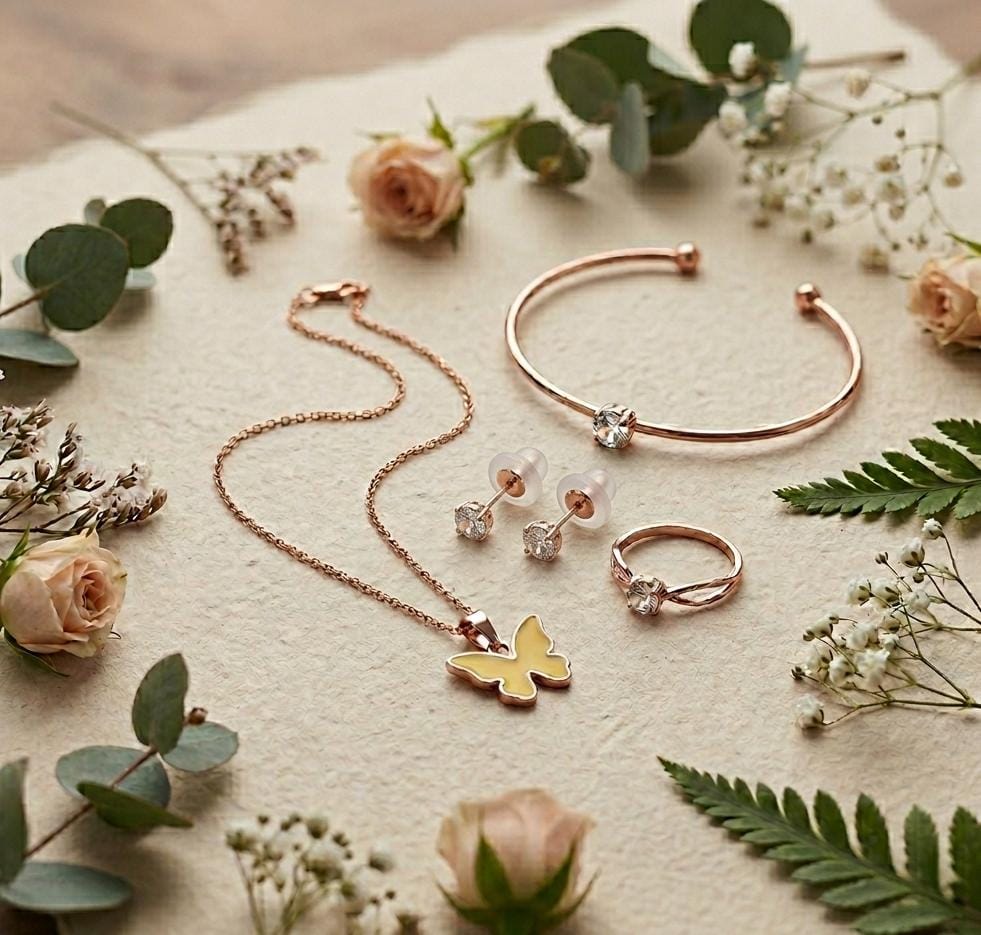 Rose Gold 4-Piece Jewellery Set — Butterfly Pendant, Solitaire Bracelet, Stud Earrings & Statement Ring