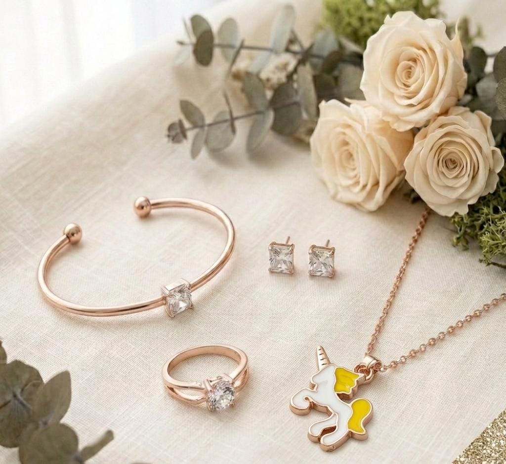 Rose Gold Crystal Unicorn Pendant Necklace & Jewellery Gift Set (4-Piece)