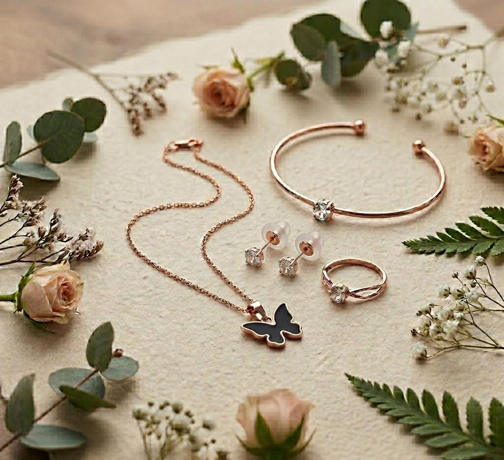 Rose Gold 4-Piece Jewellery Set — Butterfly Pendant, Solitaire Bracelet, Stud Earrings & Statement Ring