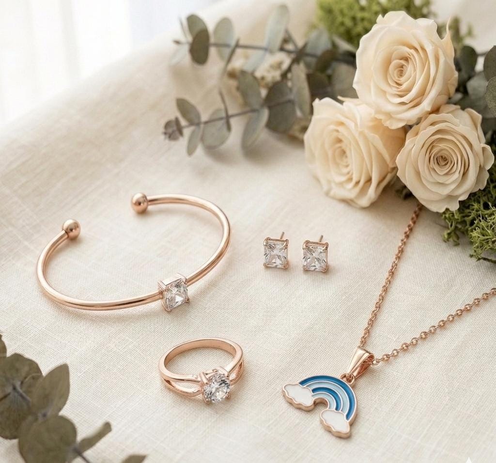 Rose Gold 4-Piece Jewellery Set — Bracelet, Ring, Stud Earrings & Rainbow Pendant Necklace