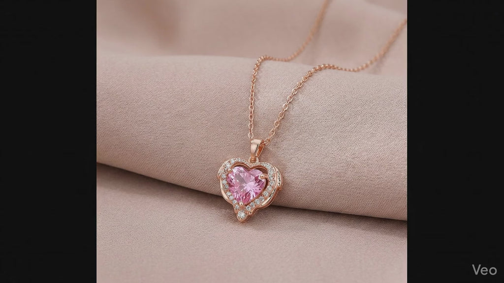 Rose Gold-Tone Pink Heart-Cut CZ Solitaire Halo Pendant Necklace with Cable Chain