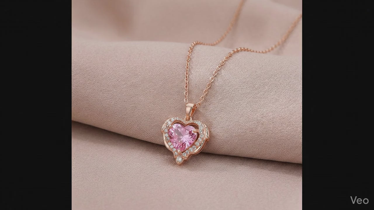 Rose Gold-Tone Pink Heart-Cut CZ Solitaire Halo Pendant Necklace with Cable Chain